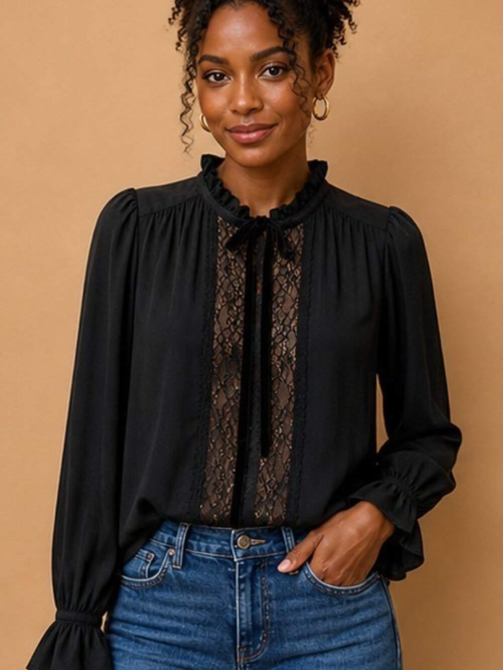 GAP Black Lace Trim Tie Neck Blouse NWT Size Medium Long Sleeve Top Boho